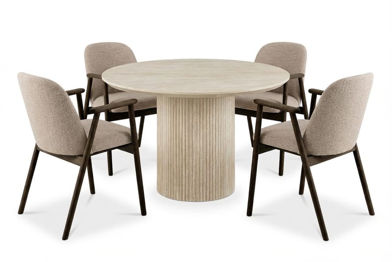 Uppveda Matbord Runt 120 cm Travertin med 4 Reciclar Matstolar, Travertin/Greige