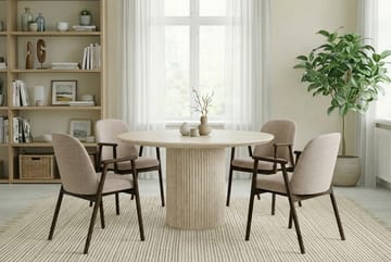 Uppveda Matbord Runt 120 cm Travertin med 4 Reciclar Matstolar - Travertin/Greige - Möbler - Matplats - Matgrupp & matbord med stolar