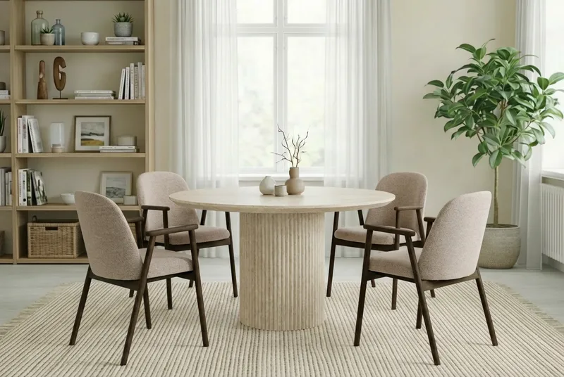 Uppveda Matbord Runt 120 cm Travertin med 4 Reciclar Matstolar - Travertin/Greige - Möbler - Matplats - Matgrupp & matbord med stolar