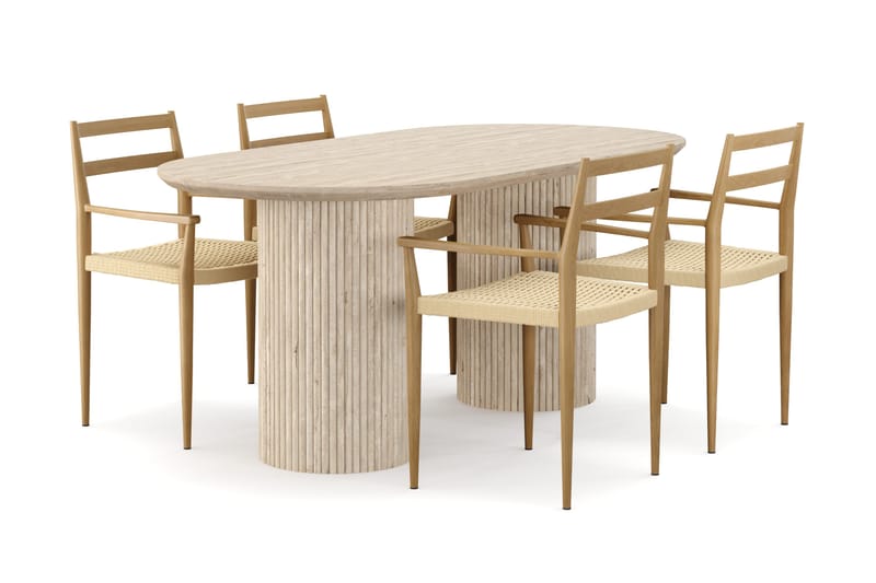 Uppveda Matbord Travetin utseende med 4 st Jamna Karmstolar, Beige