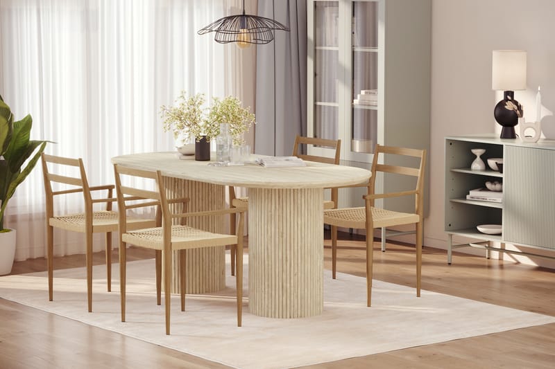 Uppveda Matbord Travetin utseende med 4 st Jamna Karmstolar - Beige - Möbler - Matplats - Matgrupp & matbord med stolar