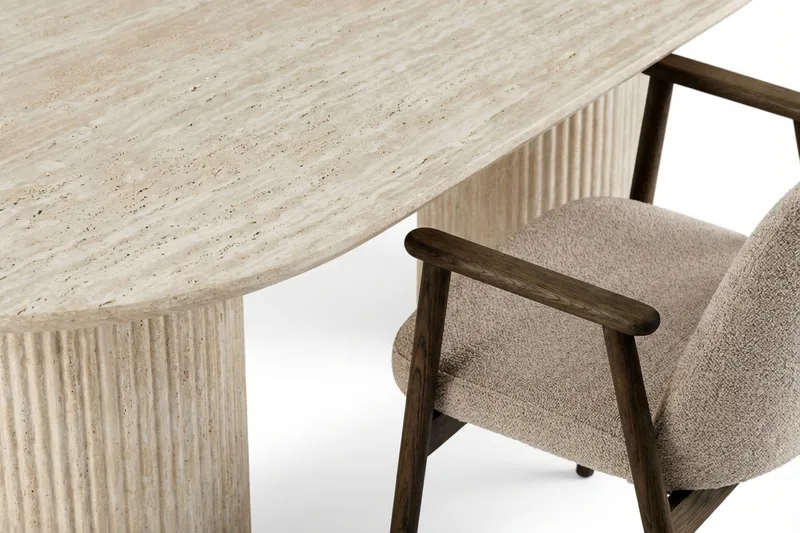 Uppveda Matgrupp 180 cm Oval Travertin med 4 Reciclar Matstolar - Travertin/Greige - Möbler - Matplats - Matgrupp & matbord med stolar