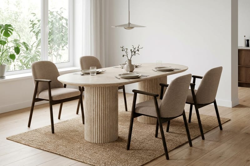 Uppveda Matgrupp 180 cm Oval Travertin med 4 Reciclar Matstolar - Travertin/Greige - Möbler - Matplats - Matgrupp & matbord med stolar