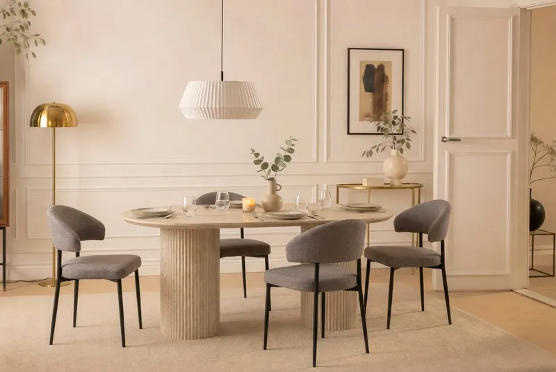 Uppveda Ovalt Matbord 180x90 cm med 4 Sawako Greige Stolar - Travertin/Greige - Möbler - Matplats - Matgrupp & matbord med stolar