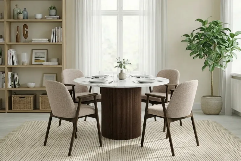 Uppveda Runt Matbord 120 cm med 4 Reciclar Matstolar - Vit/Brun/Greige - Möbler - Matplats - Matgrupp & matbord med stolar