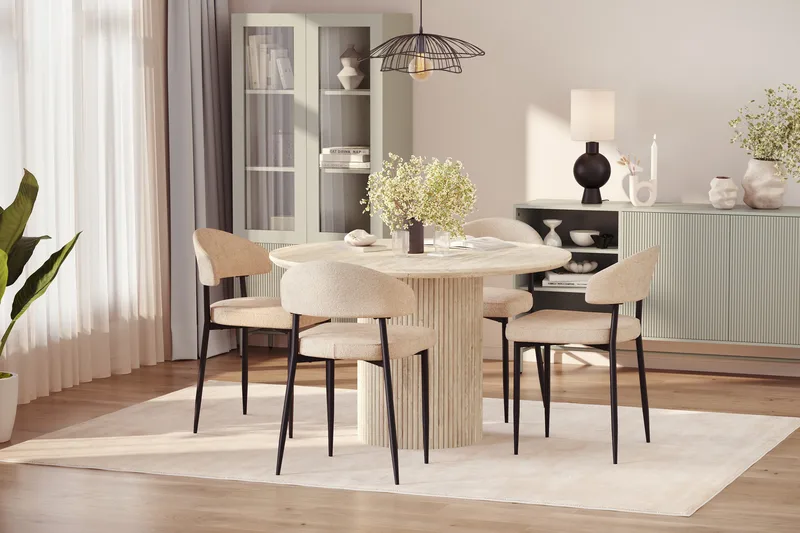 Uppveda Runt Matbord 120cm Travetin utseende med 4 st Jairam Matstolar - Beige - Möbler - Matplats - Matgrupp & matbord med stolar
