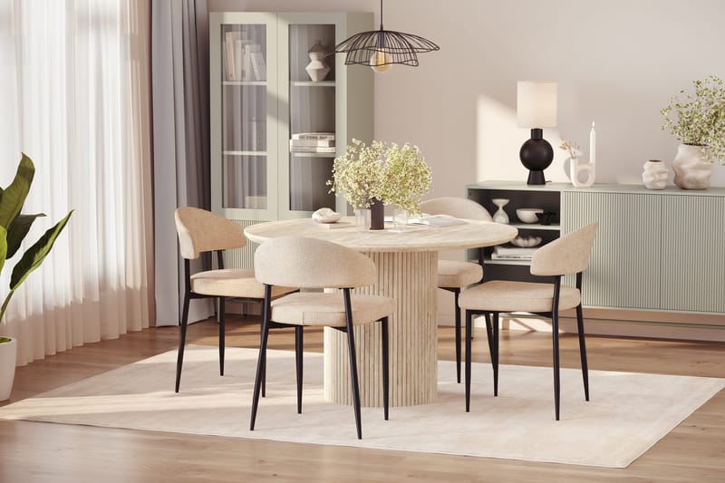 Uppveda Runt Matbord 120cm Travetin utseende med 4 st Jairam Matstolar - Beige - Möbler - Matplats - Matgrupp & matbord med stolar