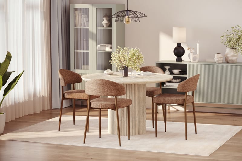 Uppveda Runt Matbord 120cm Travetin utseende med 4 st Jairam Matstolar - Beige - Möbler - Matplats - Matgrupp & matbord med stolar