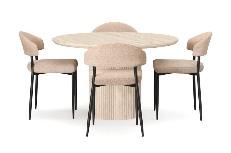 Uppveda Runt Matbord 120cm Travetin utseende med 4 st Jairam Matstolar - Beige - Möbler - Matplats - Matgrupp & matbord med stolar