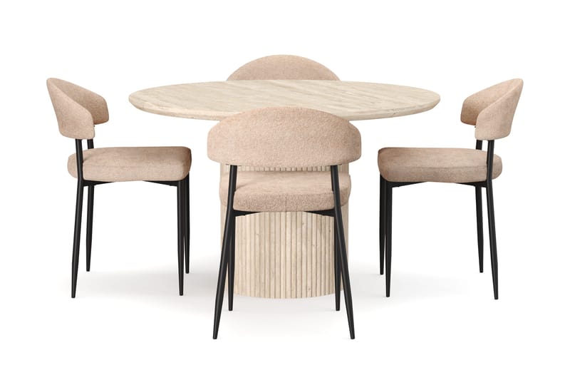 Uppveda Runt Matbord 120cm Travetin utseende med 4 st Jairam Matstolar - Beige - Möbler - Matplats - Matgrupp & matbord med stolar
