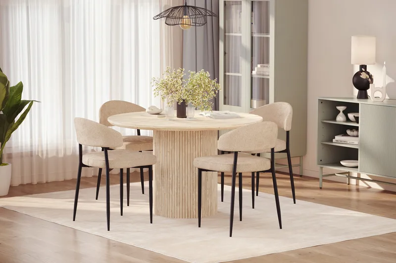 Uppveda Runt Matbord 120cm Travetin utseende med 4 st Jairam Matstolar - Beige - Möbler - Matplats - Matgrupp & matbord med stolar