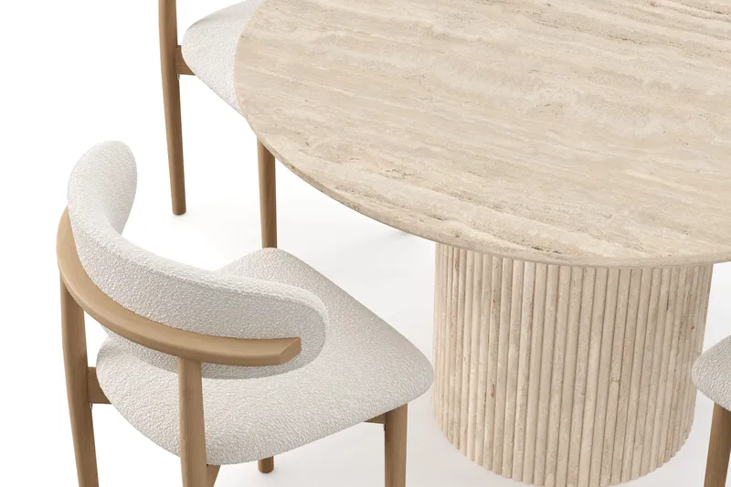 Uppveda Runt Matbord 120cm Travetin utseende med 4 st Jaiveer Matstolar - Beige - Möbler - Matplats - Matgrupp & matbord med stolar