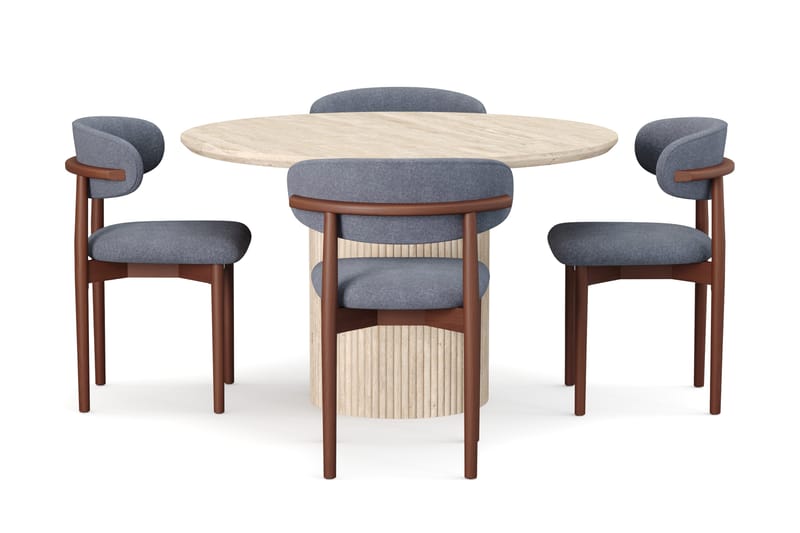 Uppveda Runt Matbord 120cm Travetin utseende med 4 st Jaiveer Matstolar - Beige - Möbler - Matplats - Matgrupp & matbord med stolar