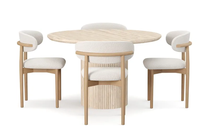 Uppveda Runt Matbord 120cm Travetin utseende med 4 st Jaiveer Matstolar - Beige - Möbler - Matplats - Matgrupp & matbord med stolar