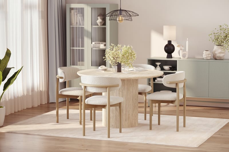 Uppveda Runt Matbord 120cm Travetin utseende med 4 st Jaiveer Matstolar - Beige - Möbler - Matplats - Matgrupp & matbord med stolar