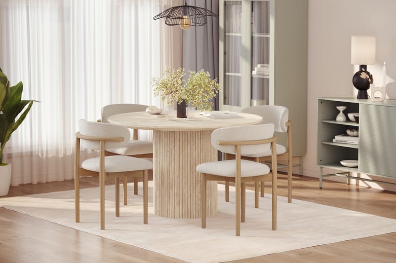 Uppveda Runt Matbord 120cm Travetin utseende med 4 st Jaiveer Matstolar - Beige - Möbler - Matplats - Matgrupp & matbord med stolar