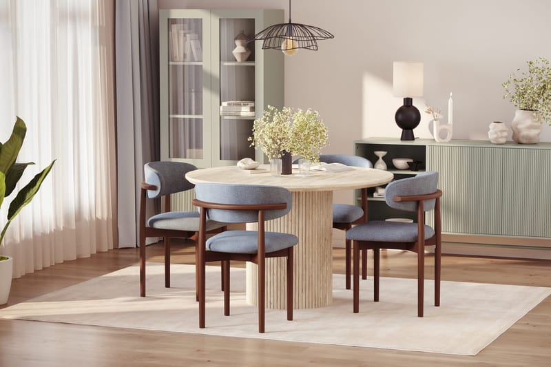 Uppveda Runt Matbord 120cm Travetin utseende med 4 st Jaiveer Matstolar - Beige - Möbler - Matplats - Matgrupp & matbord med stolar