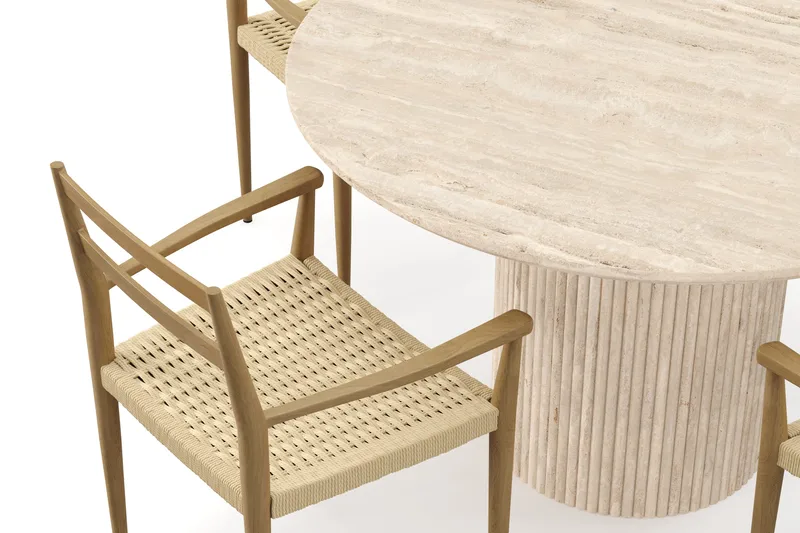 Uppveda Runt Matbord 120cm Travetin utseende med 4 st Jamna Karmstolar - Beige - Möbler - Matplats - Matgrupp & matbord med stolar