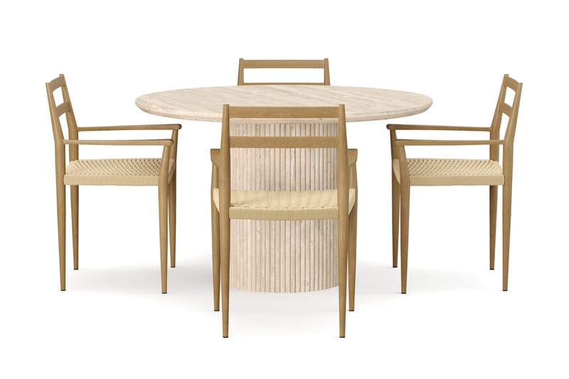 Uppveda Runt Matbord 120cm Travetin utseende med 4 st Jamna Karmstolar - Beige - Möbler - Matplats - Matgrupp & matbord med stolar