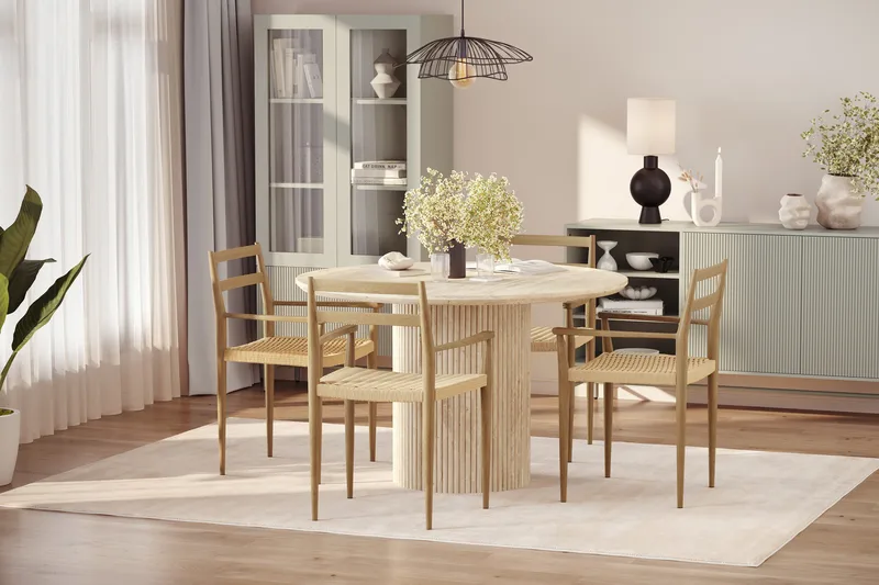 Uppveda Runt Matbord 120cm Travetin utseende med 4 st Jamna Karmstolar - Beige - Möbler - Matplats - Matgrupp & matbord med stolar