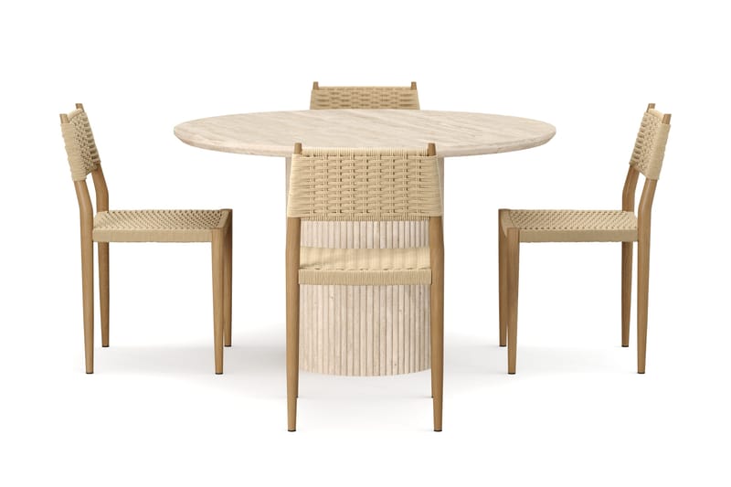 Uppveda Runt Matbord 120cm Travetin utseende med 4 st Jamna Matstolar - Beige - Möbler - Matplats - Matgrupp & matbord med stolar