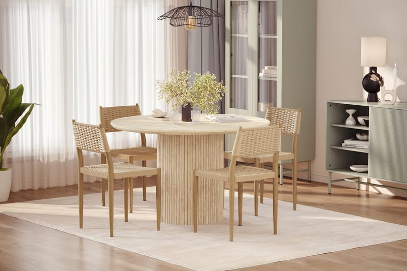 Uppveda Runt Matbord 120cm Travetin utseende med 4 st Jamna Matstolar - Beige - Möbler - Matplats - Matgrupp & matbord med stolar
