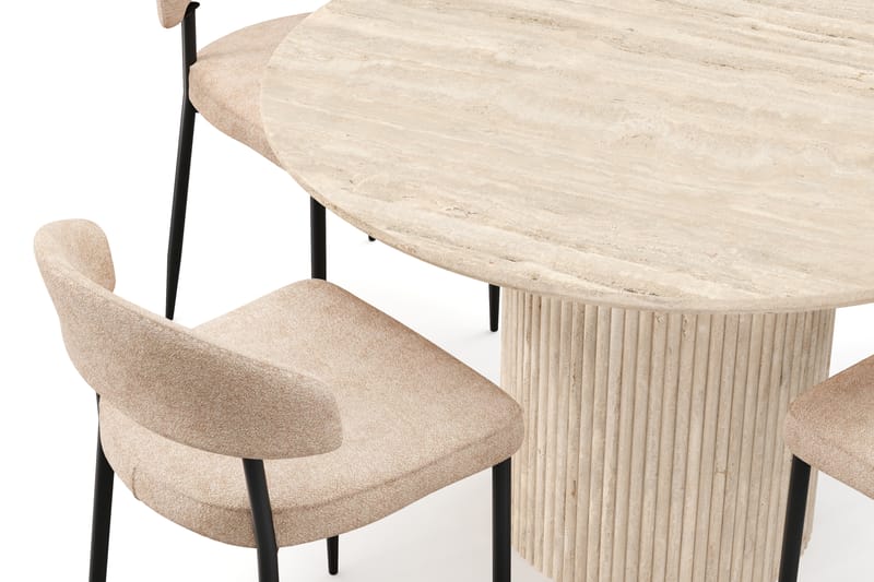 Uppveda Runt Matbord 130cm Travetin utseende med 4 st Jairam Matstolar - Beige - Möbler - Matplats - Matgrupp & matbord med stolar