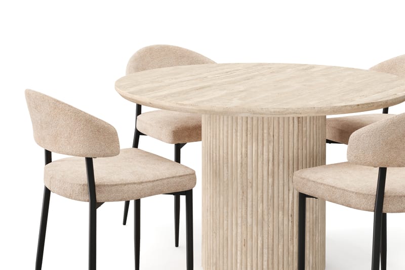 Uppveda Runt Matbord 130cm Travetin utseende med 4 st Jairam Matstolar - Beige - Möbler - Matplats - Matgrupp & matbord med stolar