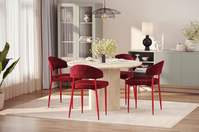 Uppveda Runt Matbord 130cm Travetin utseende med 4 st Jairam Matstolar - Beige - Möbler - Matplats - Matgrupp & matbord med stolar
