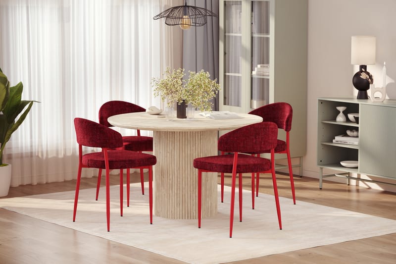 Uppveda Runt Matbord 130cm Travetin utseende med 4 st Jairam Matstolar - Beige - Möbler - Matplats - Matgrupp & matbord med stolar