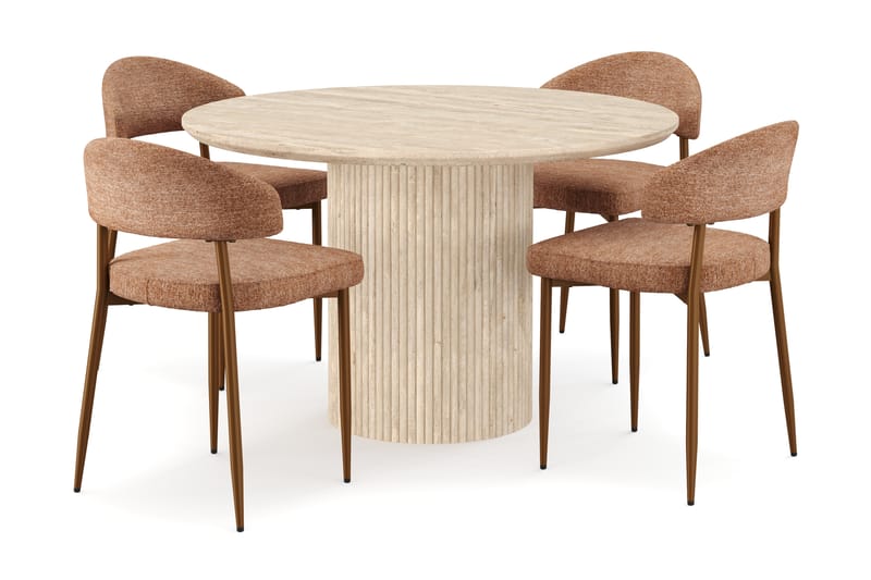 Uppveda Runt Matbord 130cm Travetin utseende med 4 st Jairam Matstolar - Beige - Möbler - Matplats - Matgrupp & matbord med stolar