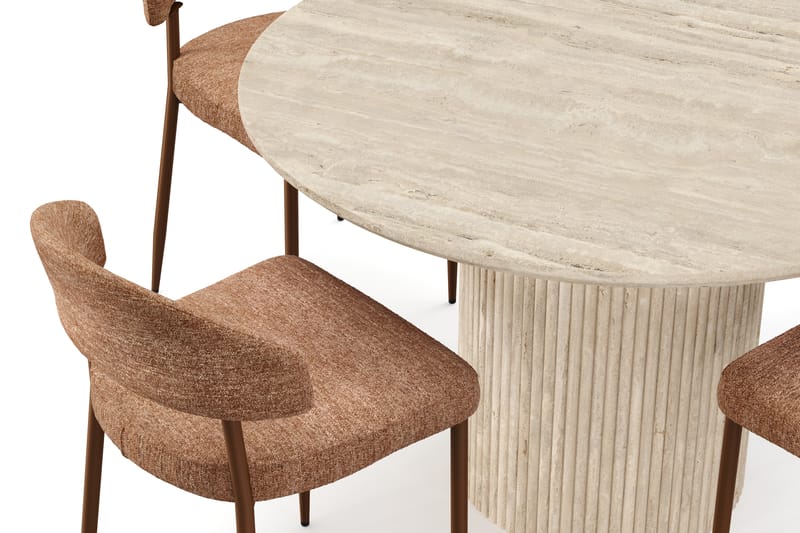 Uppveda Runt Matbord 130cm Travetin utseende med 4 st Jairam Matstolar - Beige - Möbler - Matplats - Matgrupp & matbord med stolar