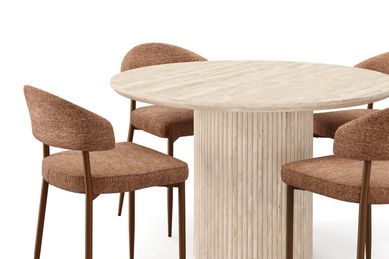 Uppveda Runt Matbord 130cm Travetin utseende med 4 st Jairam Matstolar - Beige - Möbler - Matplats - Matgrupp & matbord med stolar
