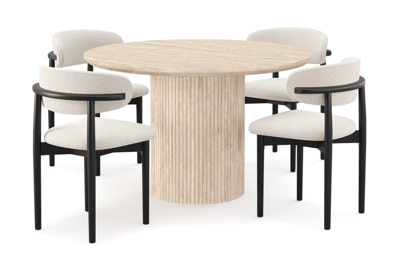 Uppveda Runt Matbord 130cm Travetin utseende med 4 st Jaiveer Matstolar - Beige - Möbler - Matplats - Matgrupp & matbord med stolar