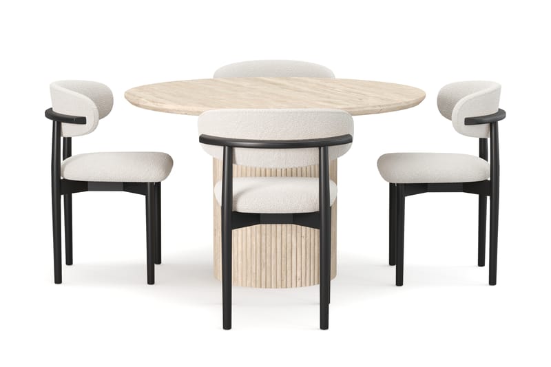 Uppveda Runt Matbord 130cm Travetin utseende med 4 st Jaiveer Matstolar - Beige - Möbler - Matplats - Matgrupp & matbord med stolar