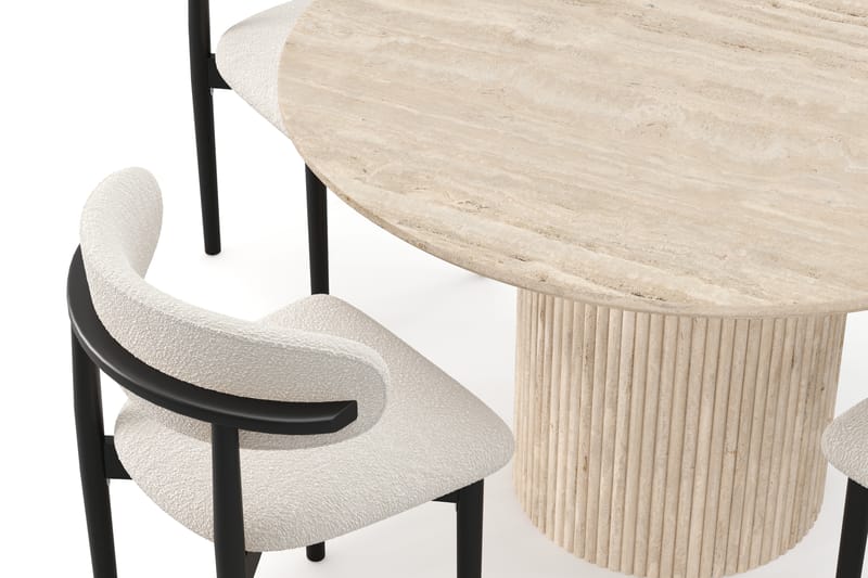 Uppveda Runt Matbord 130cm Travetin utseende med 4 st Jaiveer Matstolar - Beige - Möbler - Matplats - Matgrupp & matbord med stolar