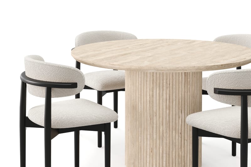 Uppveda Runt Matbord 130cm Travetin utseende med 4 st Jaiveer Matstolar - Beige - Möbler - Matplats - Matgrupp & matbord med stolar