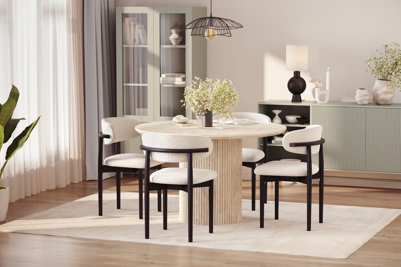 Uppveda Runt Matbord 130cm Travetin utseende med 4 st Jaiveer Matstolar - Beige - Möbler - Matplats - Matgrupp & matbord med stolar