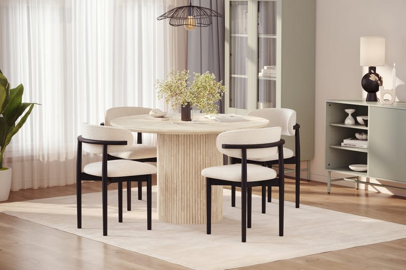 Uppveda Runt Matbord 130cm Travetin utseende med 4 st Jaiveer Matstolar - Beige - Möbler - Matplats - Matgrupp & matbord med stolar