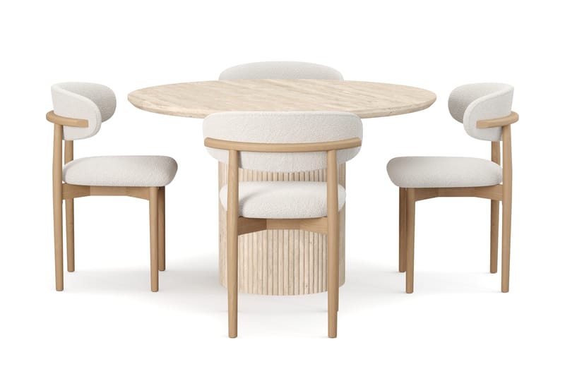 Uppveda Runt Matbord 130cm Travetin utseende med 4 st Jaiveer Matstolar - Beige - Möbler - Matplats - Matgrupp & matbord med stolar