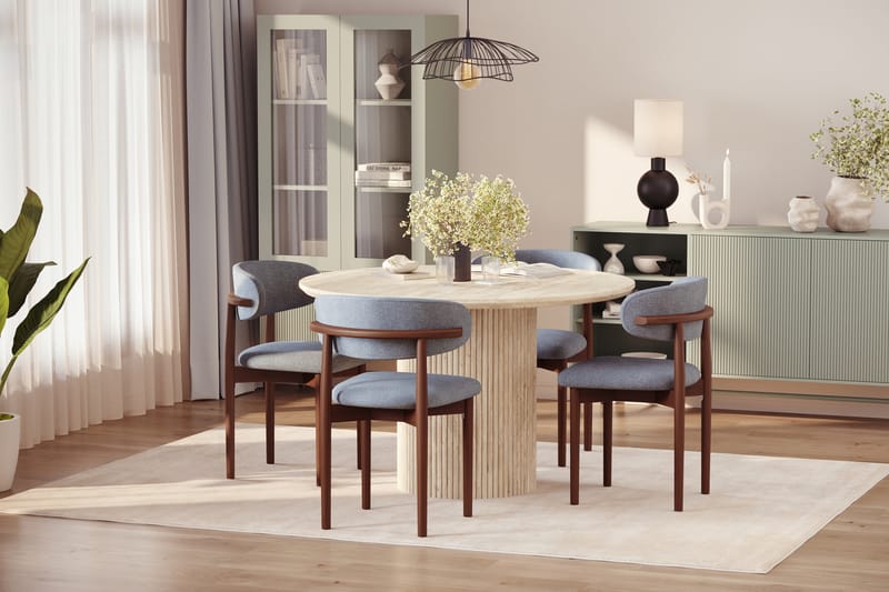 Uppveda Runt Matbord 130cm Travetin utseende med 4 st Jaiveer Matstolar - Beige - Möbler - Matplats - Matgrupp & matbord med stolar
