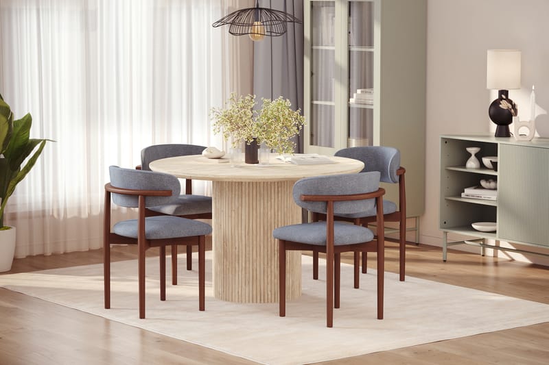 Uppveda Runt Matbord 130cm Travetin utseende med 4 st Jaiveer Matstolar - Beige - Möbler - Matplats - Matgrupp & matbord med stolar