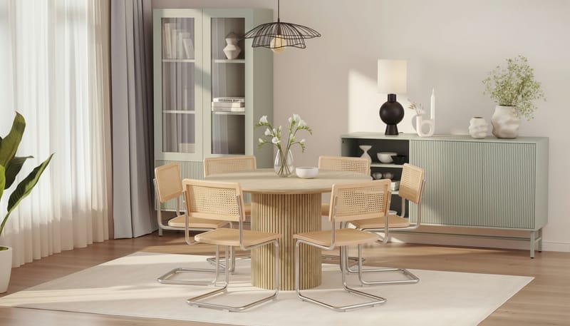 Uppveda Runt Matbord 130cm Travetin utseende med 6 st Build Matstolar - Beige - Möbler - Matplats - Matgrupp & matbord med stolar