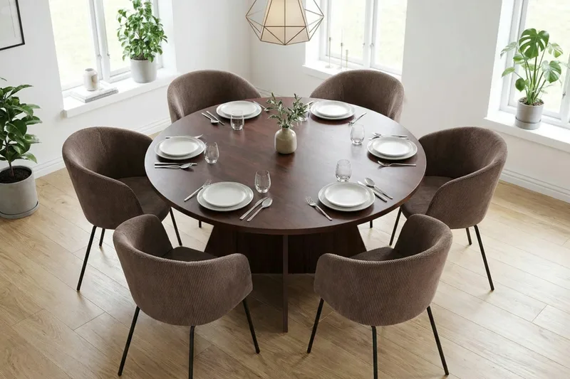 Vera Matgrupp runt 130 cm Valnöt med 6 Berit Matstolar - Valnöt - Möbler - Matplats - Matgrupp & matbord med stolar
