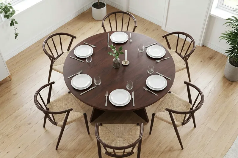 Vera Matgrupp runt 130 cm Valnöt med 6 Winston Matstolar - Valnöt - Möbler - Matplats - Matgrupp & matbord med stolar