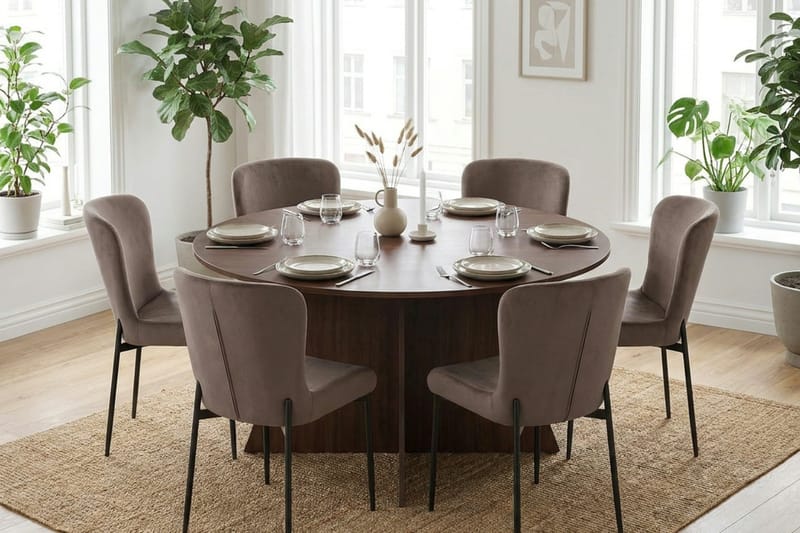 Vera Matgrupp runt 150 cm Valnöt med 6 Elsie Matstolar - Valnöt/Brun - Möbler - Matplats - Matgrupp & matbord med stolar