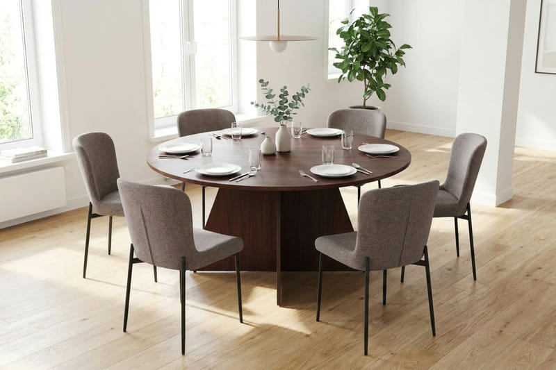 Vera Matgrupp runt 150 cm Valnöt med 6 Elsie Matstolar - Valnöt/Grå - Möbler - Matplats - Matgrupp & matbord med stolar