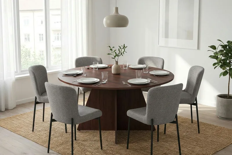 Vera Matgrupp runt 150 cm Valnöt med 6 Elsie Matstolar - Valnöt/Ljusgrå - Möbler - Matplats - Matgrupp & matbord med stolar