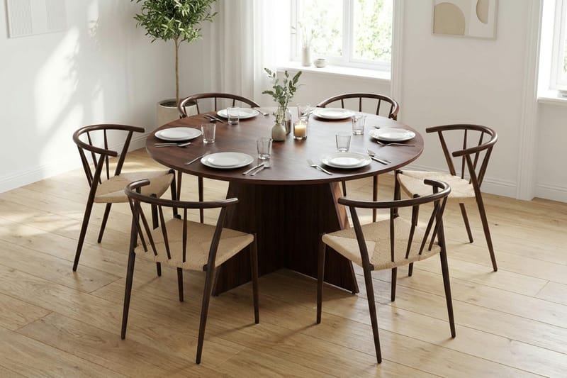 Vera Matgrupp runt 150 cm Valnöt med 6 Winston Matstolar - Valnöt - Möbler - Matplats - Matgrupp & matbord med stolar