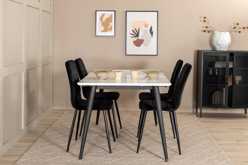 YMMIJ Förlängningsbart Bord 150 cm Vit/Svart + 4 WEI Stolar - Matgrupp & matbord med stolar